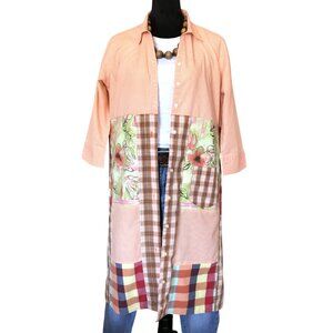 Patchwork Duster, Size L: Upcycled Boho Button-Down Dress, Orange Gingham